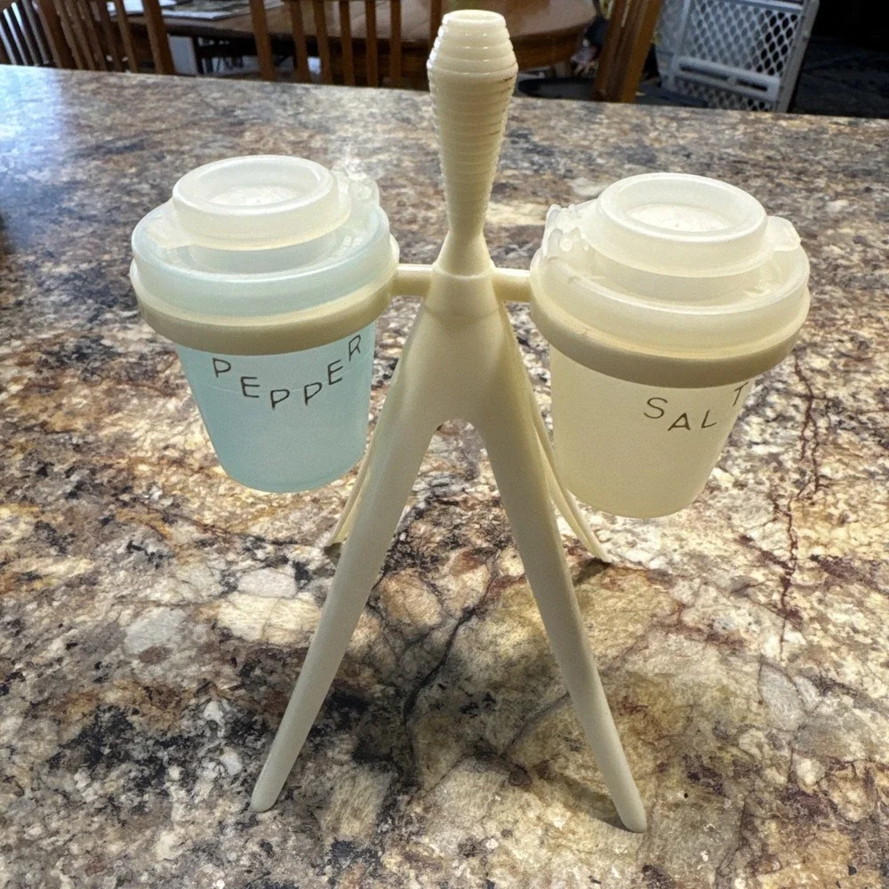 Vintage Tupperware Salt & Pepper Shakers with Atomic Tripod Caddy Stand
